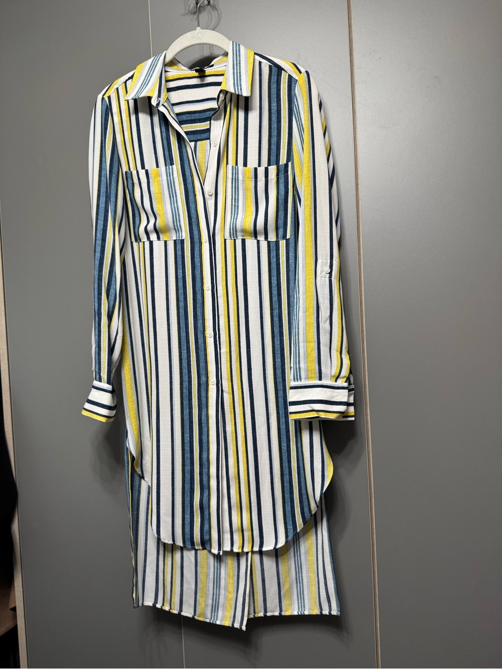 Jones New York Long Sleeve Striped Shirt Dress in Blue, Yellow & White